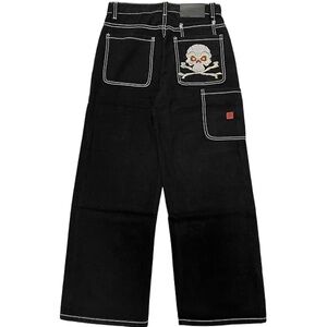 JNCO Black Wide‎ Leg Skull Embroidered Jeans with Red Label Y2K Goth 90s